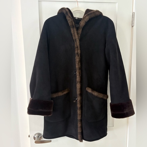 JONES NEW YORK | vintage Vegan Faux Suede and Fur Overcoat brown black size S - Picture 1 of 5